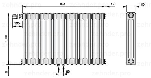 Схема (чертеж) Радиатор Zehnder Charleston 3100/19 №V007 Белый глянцевый RAL 9016